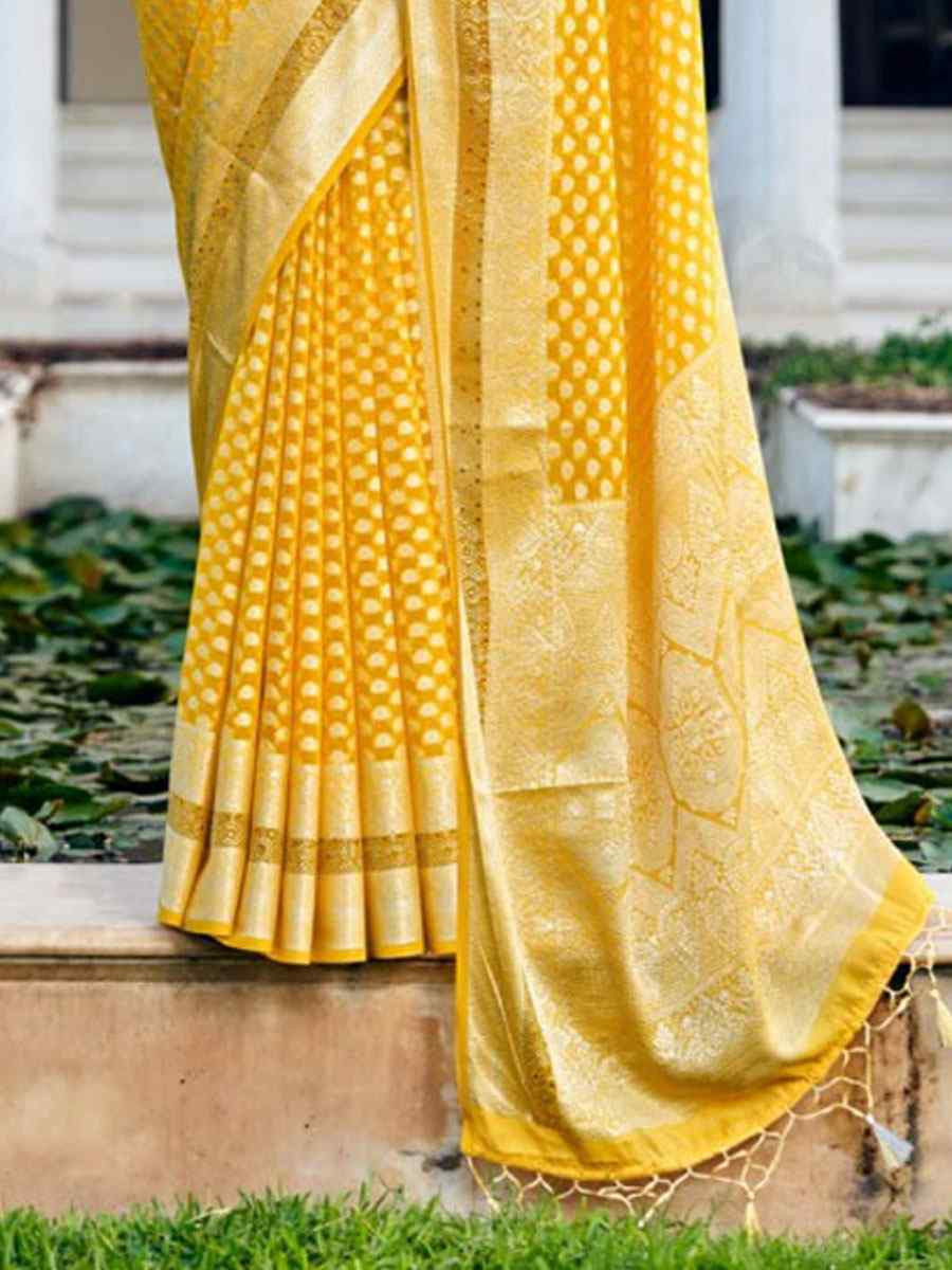 Yellow Georgette Handwoven Zari Bridal Reception Festival Wedding Fancy Heavy Border Saree