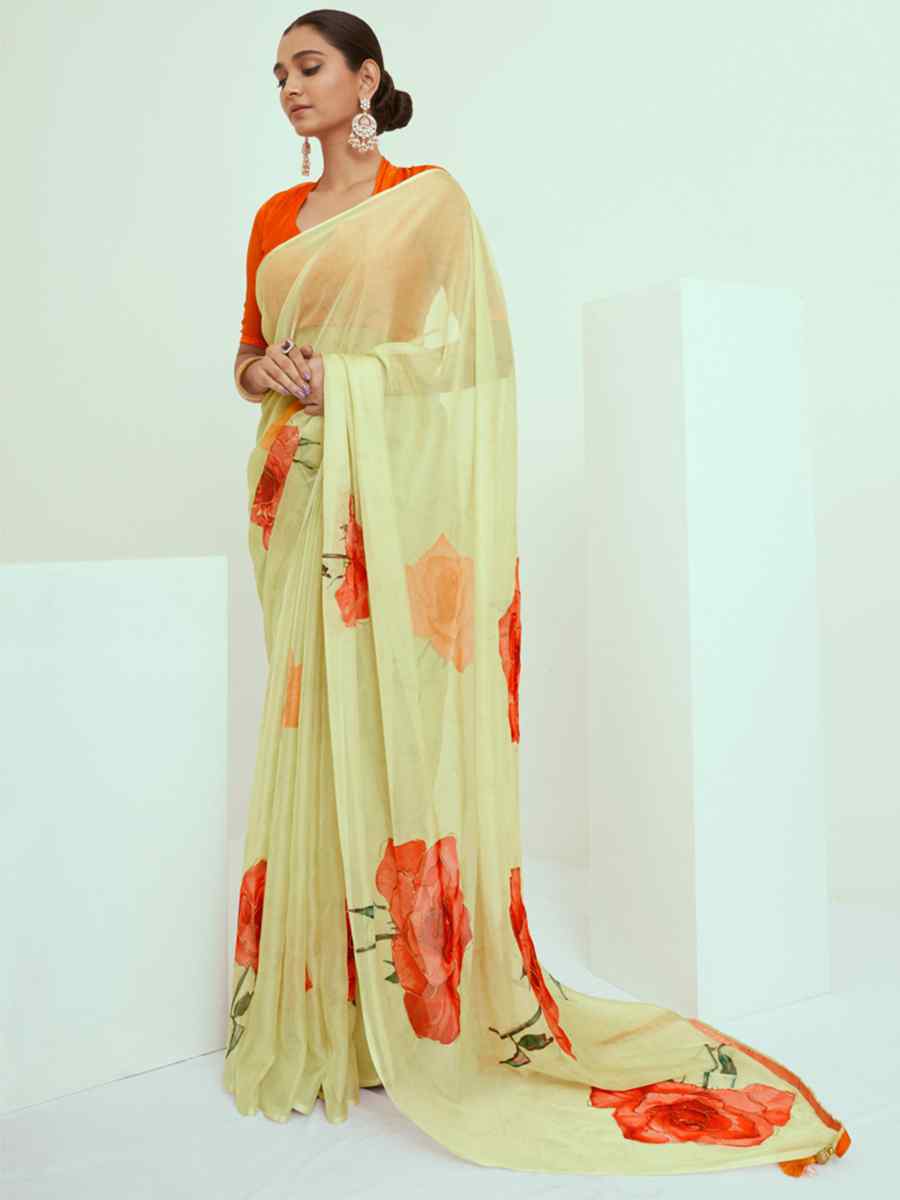 Yellow Georgette Printed Casual Festival Contemporary Saree