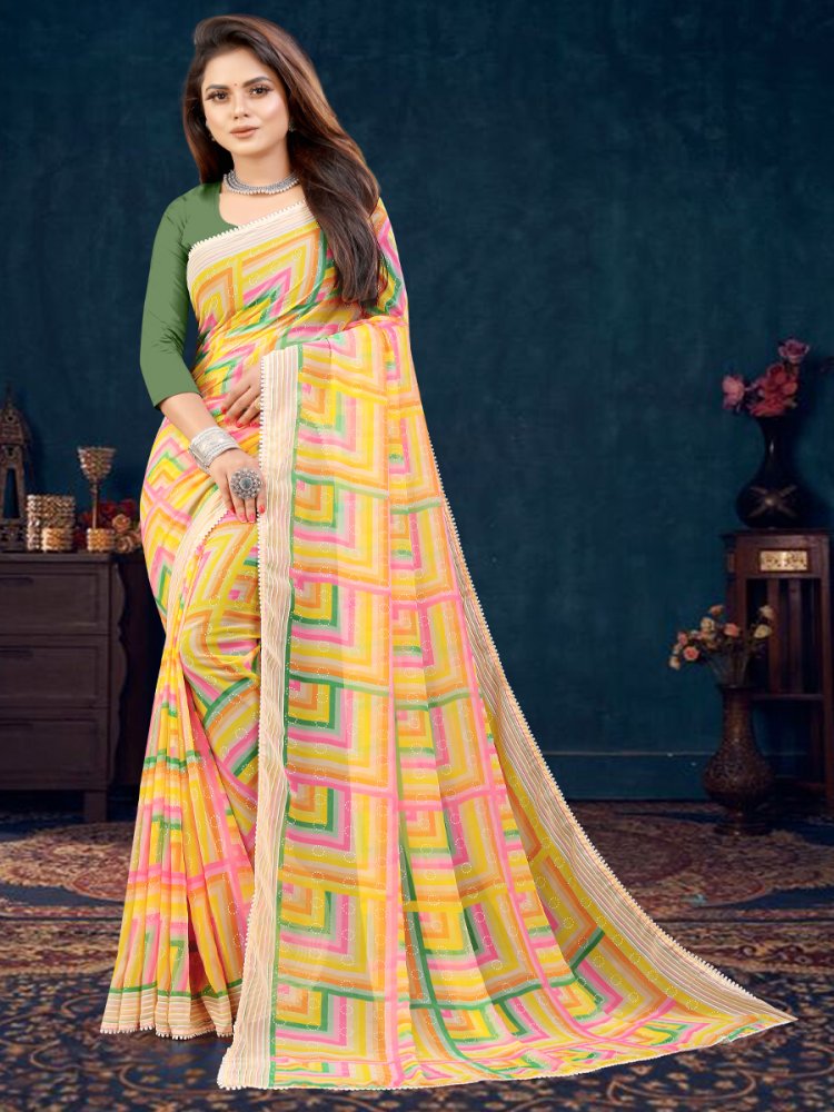 Yellow Georgette Printed Casual Festival Contemporary Saree