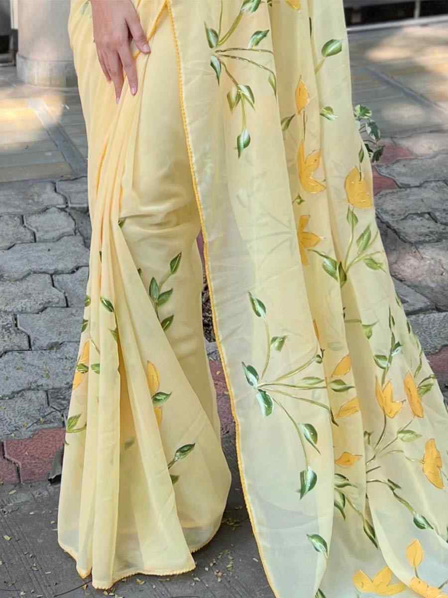 Yellow Georgette Printed Casual Festival Contemporary Saree