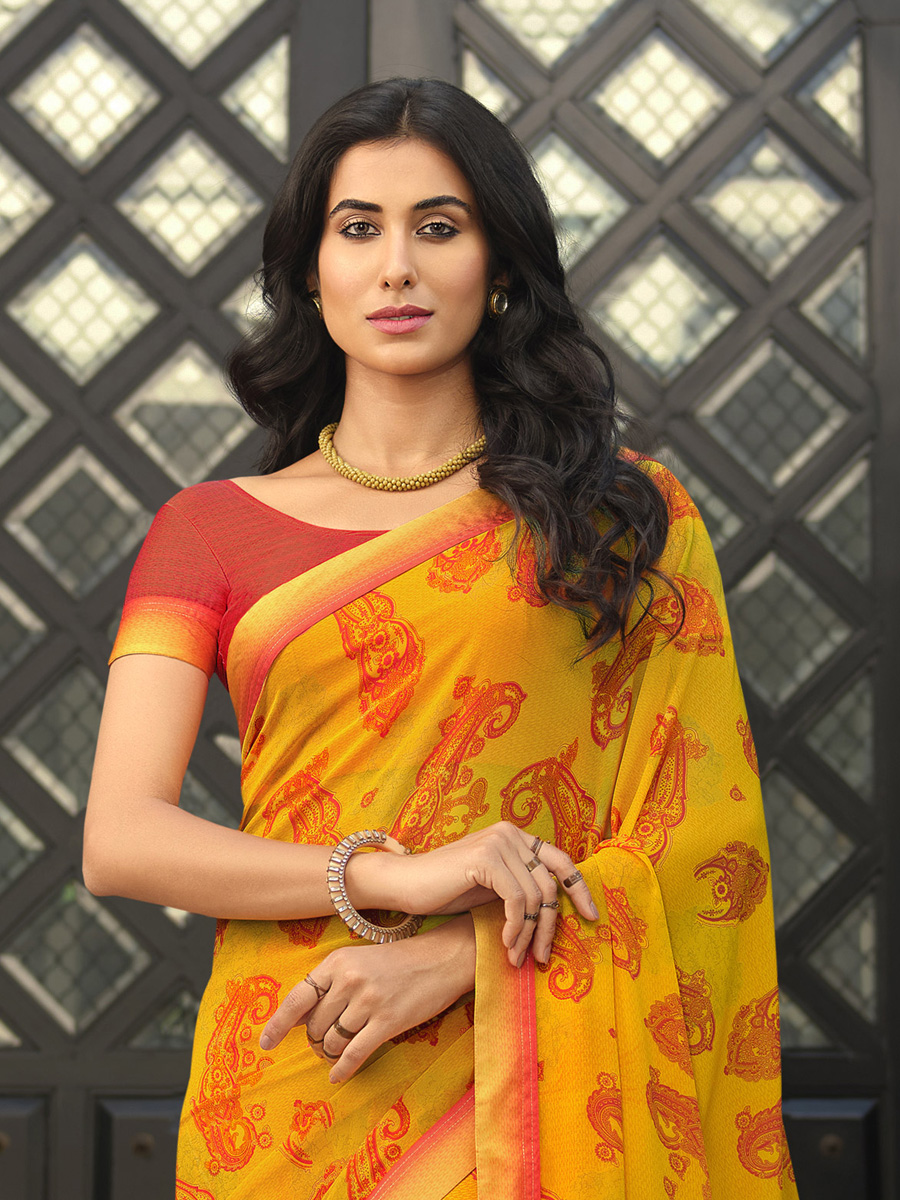 Yellow Georgette Printed Casual Festival Contemporary Saree