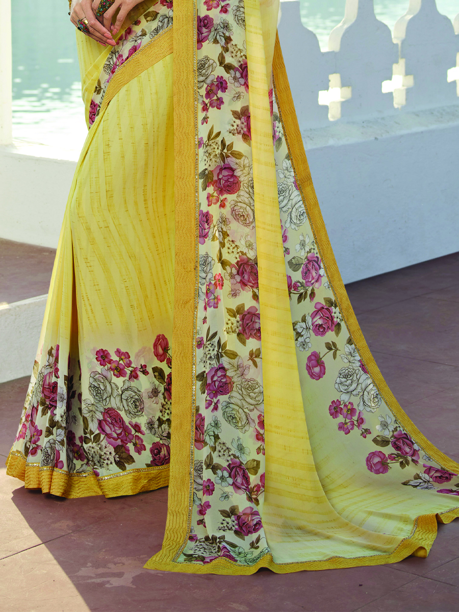 Yellow Georgette Printed Casual Festival Contemporary Saree