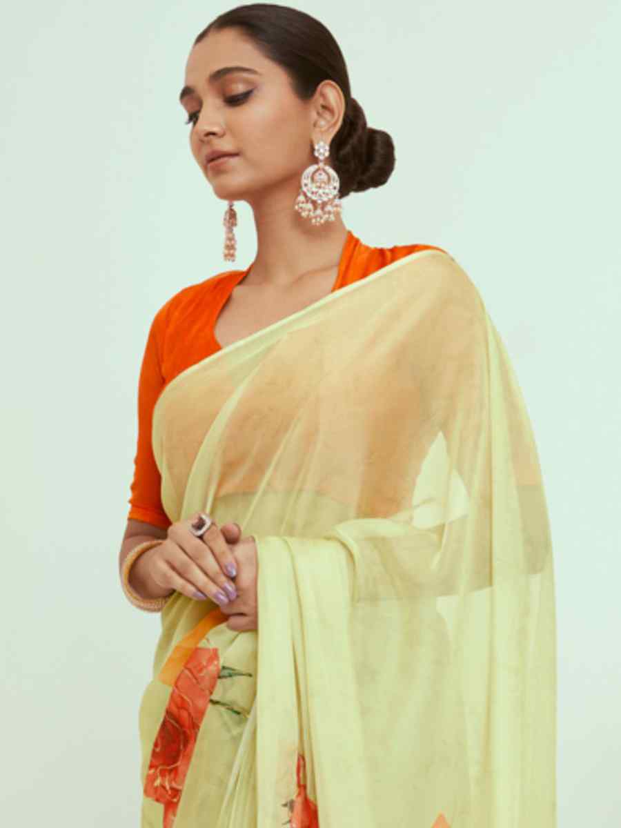 Yellow Georgette Printed Casual Festival Contemporary Saree