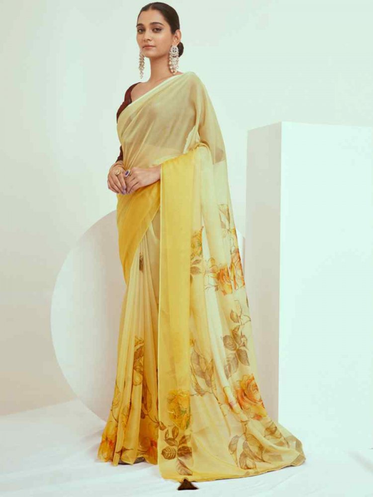 Yellow Georgette Printed Casual Festival Contemporary Saree