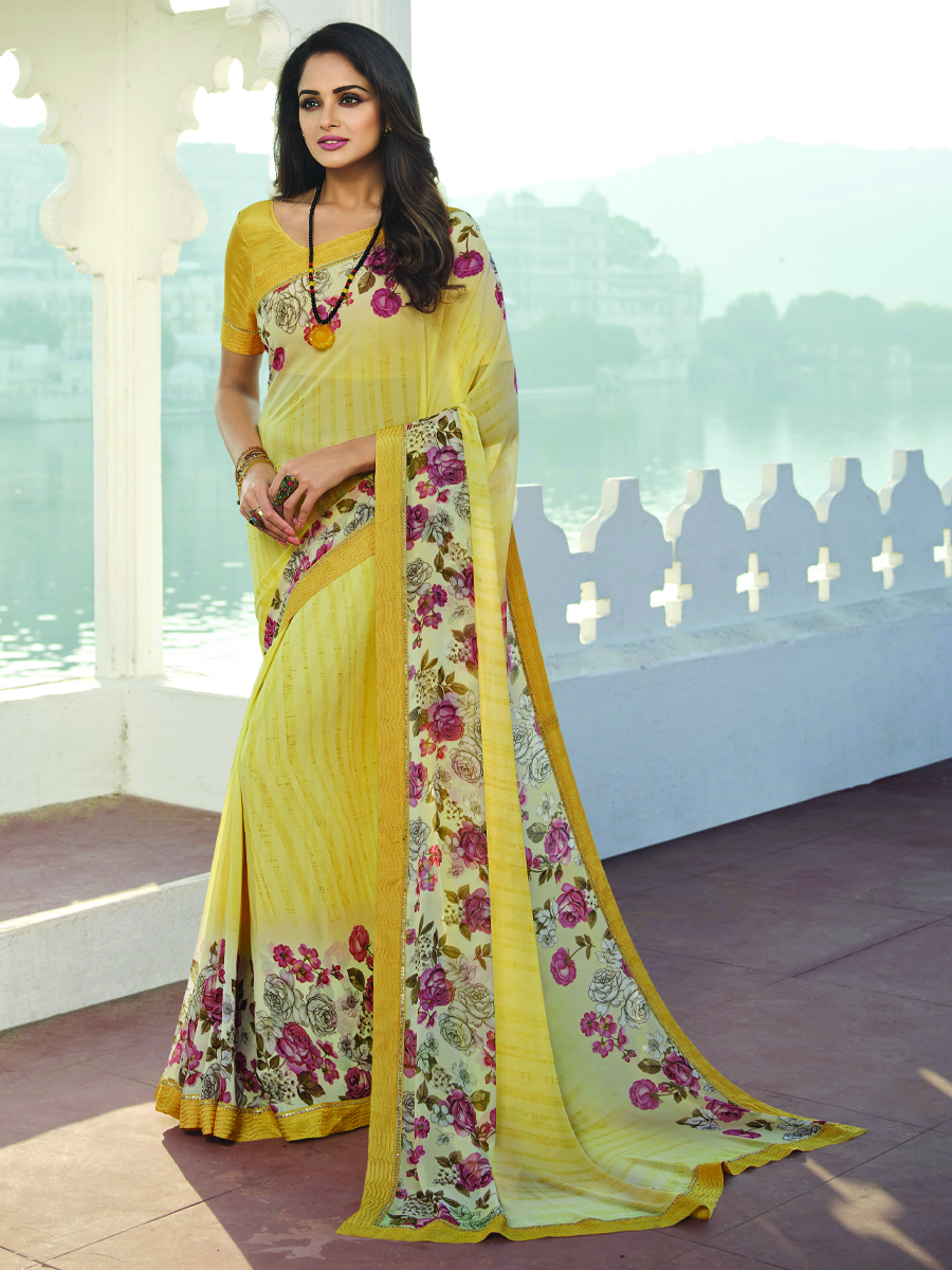 Yellow Georgette Printed Casual Festival Contemporary Saree