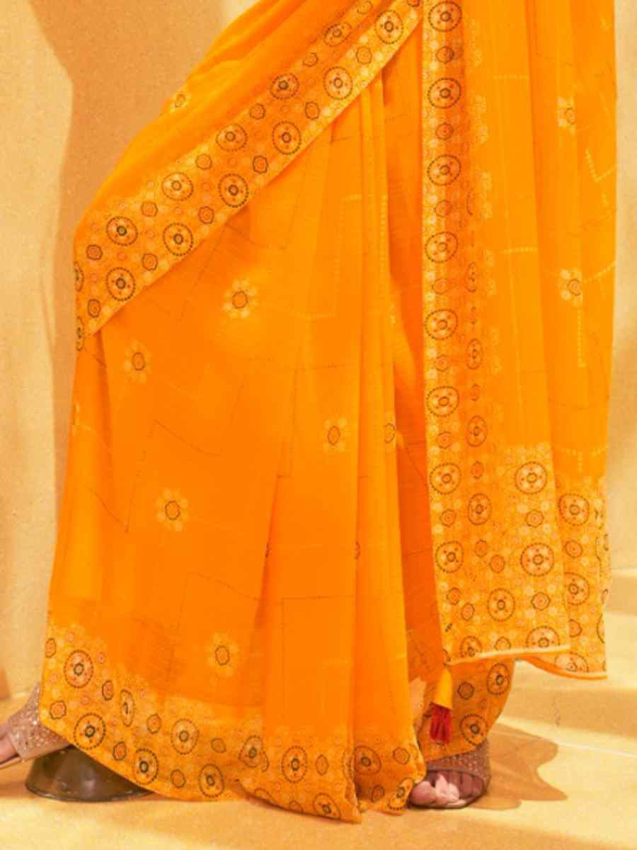 Yellow Georgette Printed Festival Party Contemporary Saree