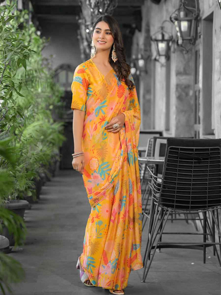 Yellow Georgette Printed Festival Wedding Fancy Saree