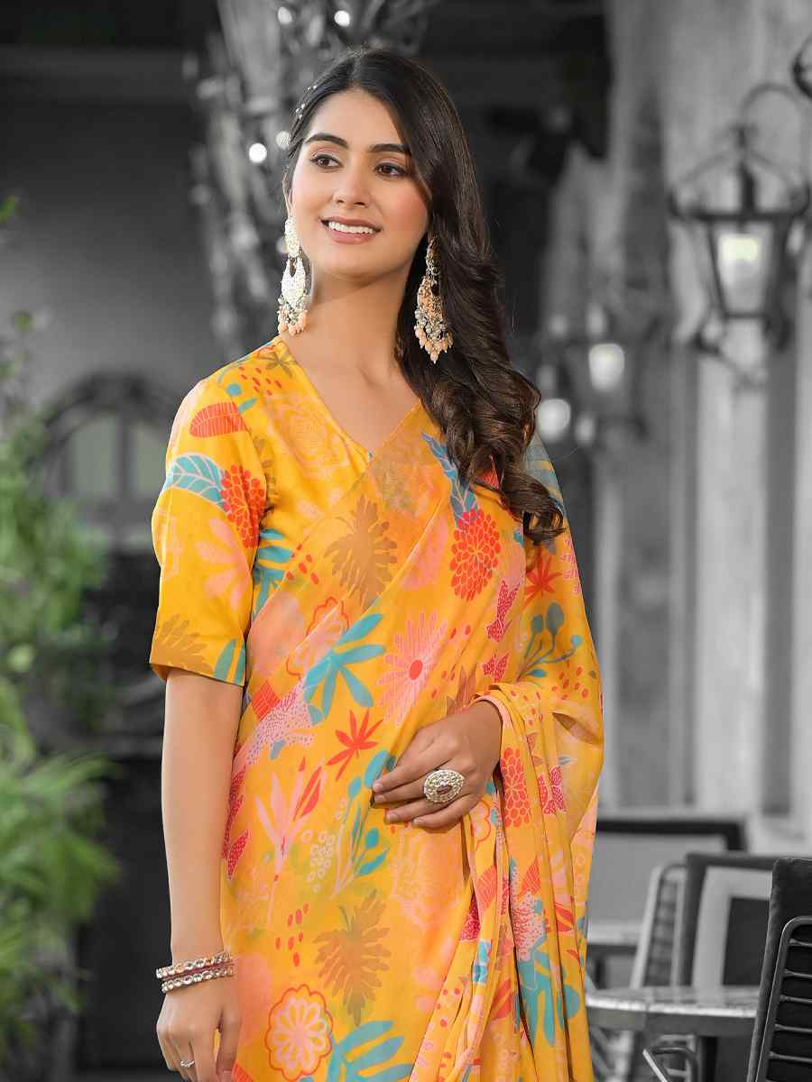 Yellow Georgette Printed Festival Wedding Fancy Saree