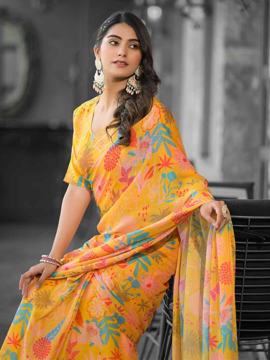 Yellow Georgette Printed Festival Wedding Fancy Saree