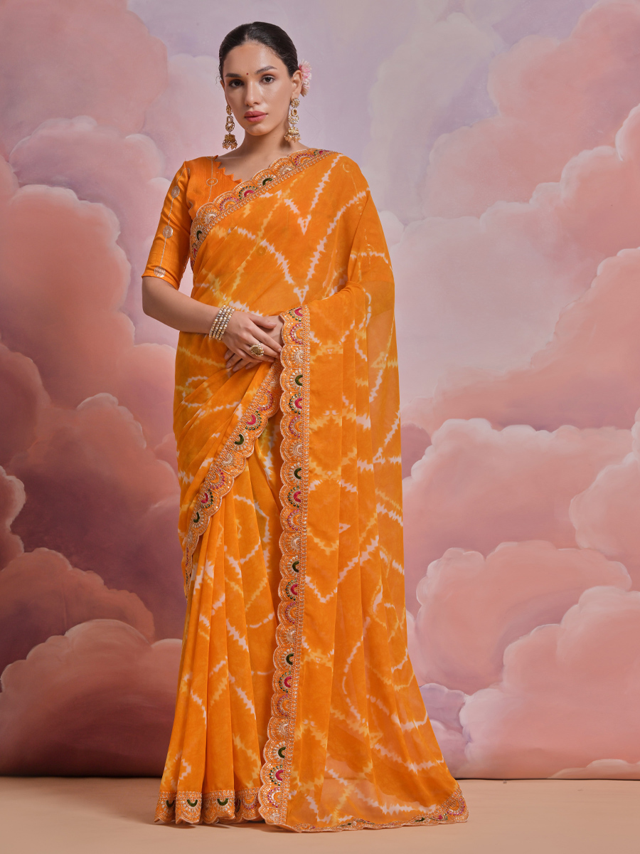 Yellow Georgette Printed Wedding Festival Classic Style Saree