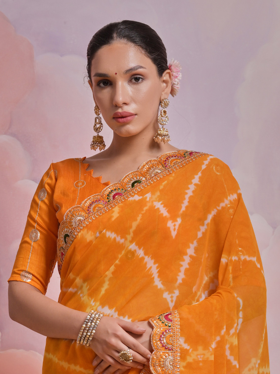 Yellow Georgette Printed Wedding Festival Classic Style Saree