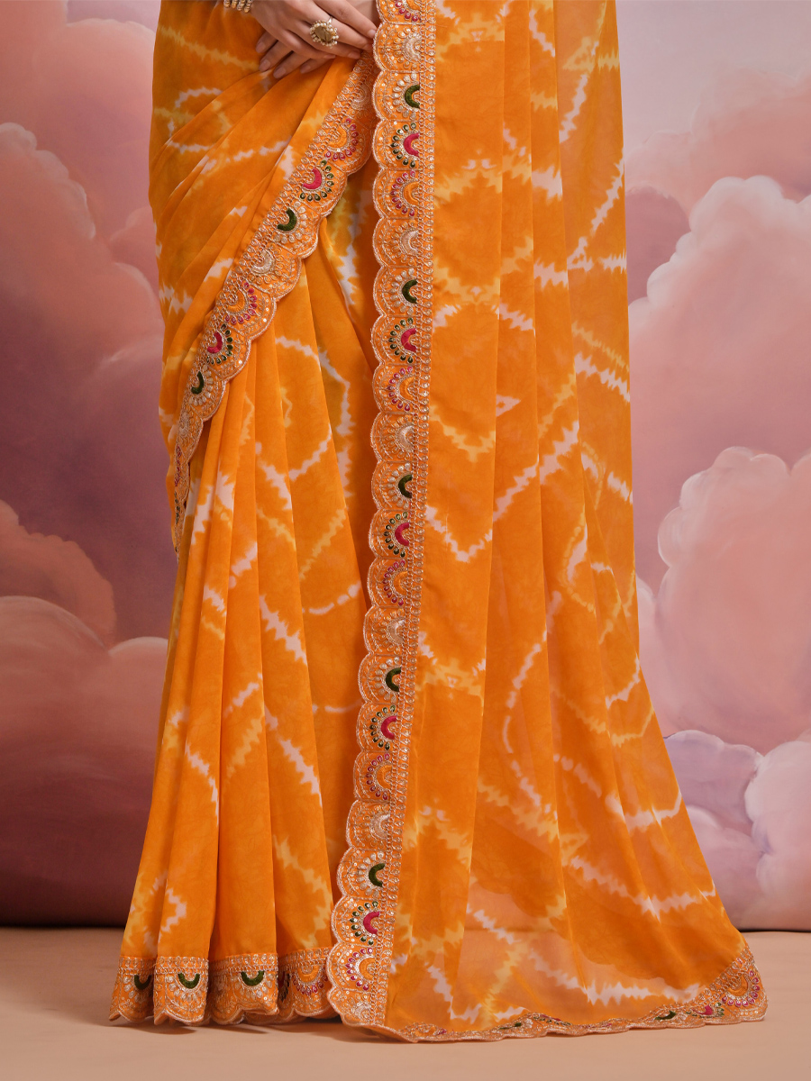 Yellow Georgette Printed Wedding Festival Classic Style Saree