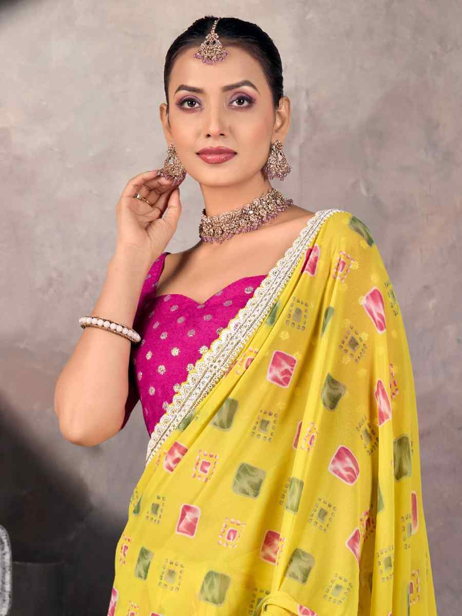 Yellow Georgette Printed with Embroidered Festival Wedding Fancy Heavy Border Saree