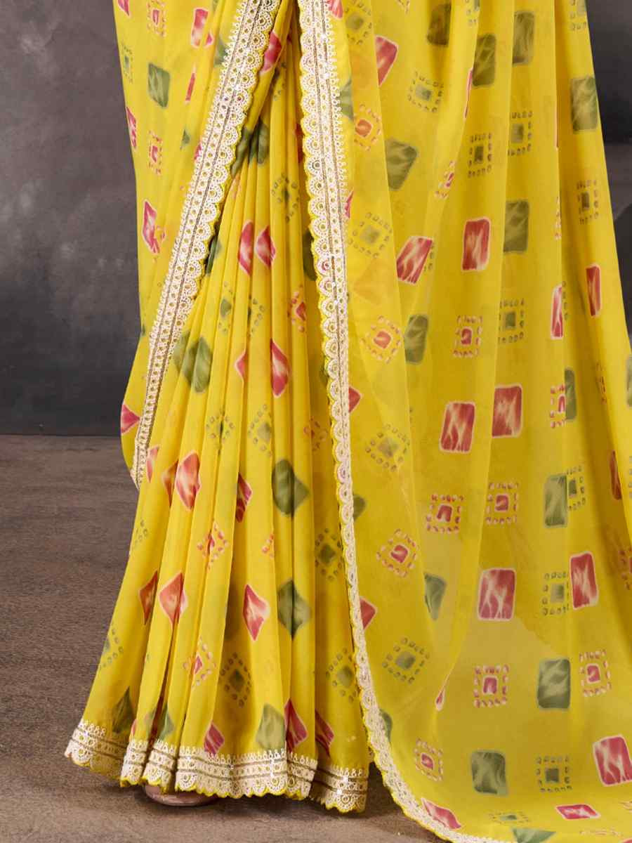 Yellow Georgette Printed with Embroidered Festival Wedding Fancy Heavy Border Saree