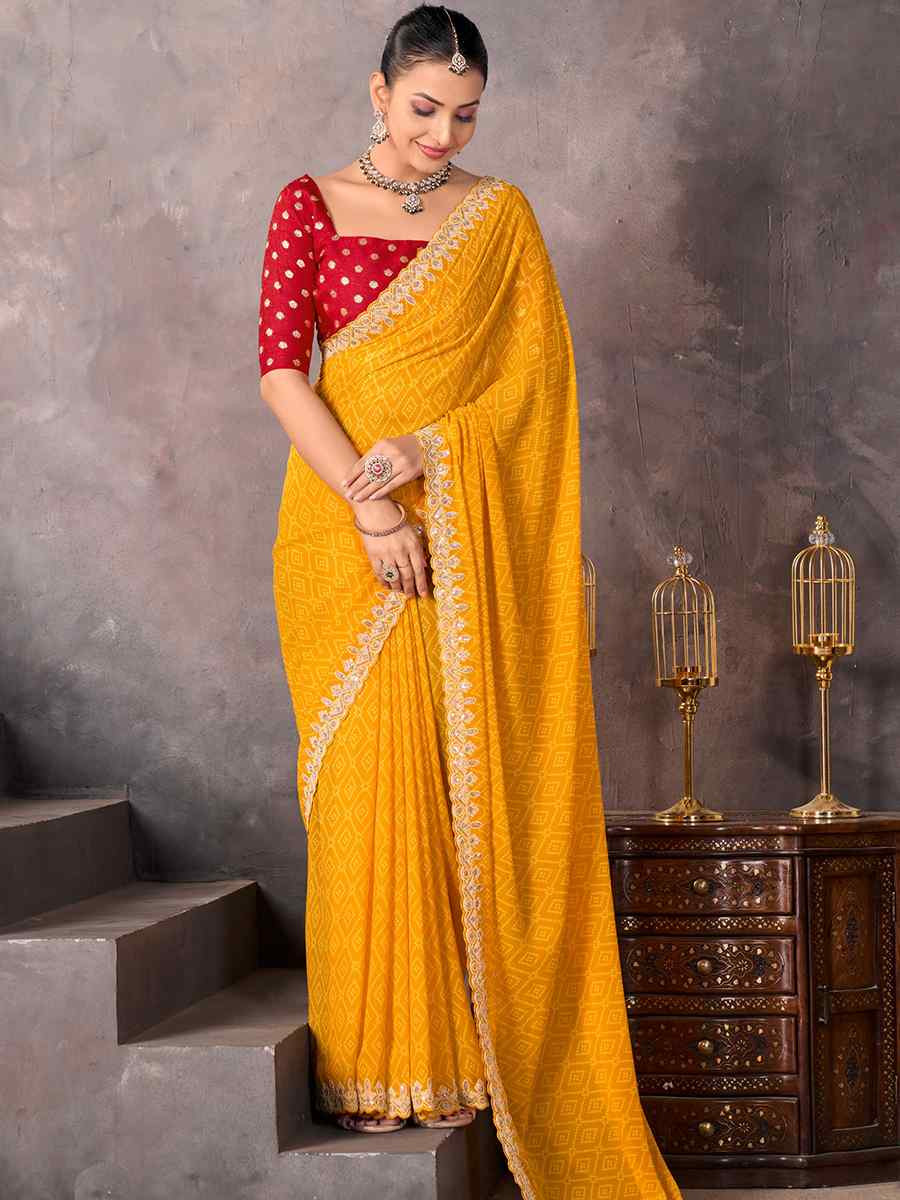 Yellow Georgette Printed with Embroidered Festival Wedding Fancy Heavy Border Saree