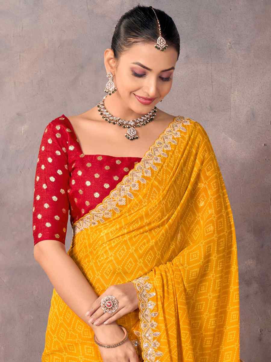 Yellow Georgette Printed with Embroidered Festival Wedding Fancy Heavy Border Saree