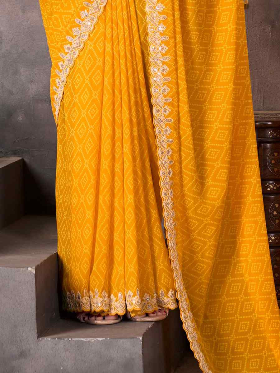Yellow Georgette Printed with Embroidered Festival Wedding Fancy Heavy Border Saree