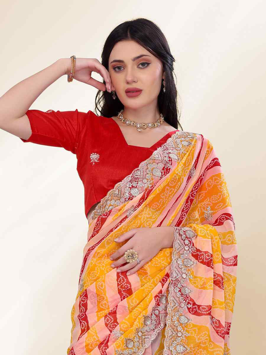 Yellow Georgette Printed with Embroidered Festival Wedding Fancy Heavy Border Saree