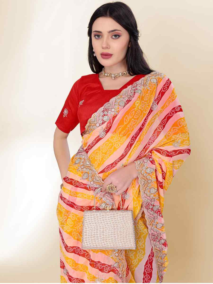 Yellow Georgette Printed with Embroidered Festival Wedding Fancy Heavy Border Saree