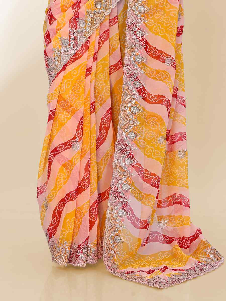 Yellow Georgette Printed with Embroidered Festival Wedding Fancy Heavy Border Saree