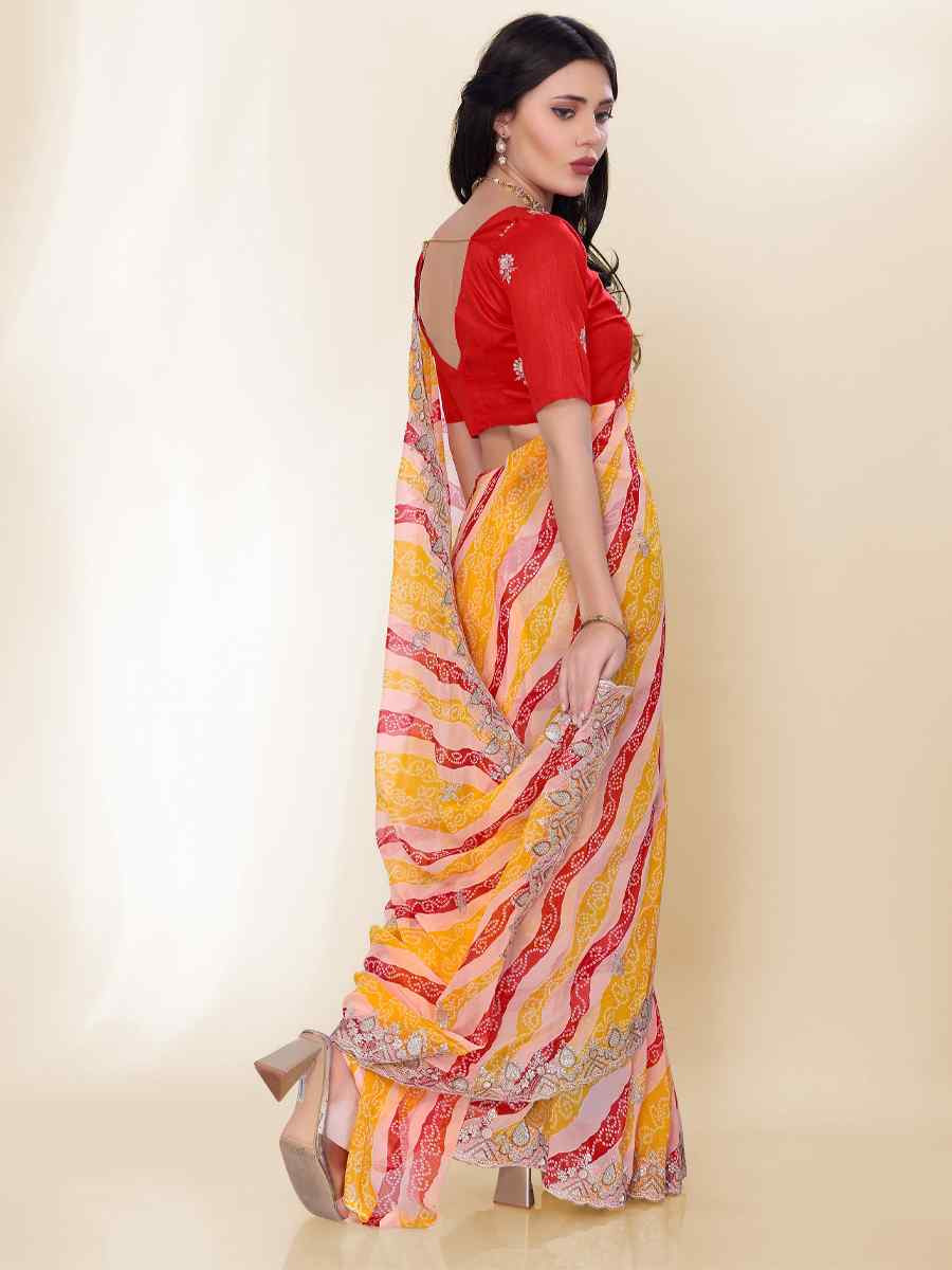 Yellow Georgette Printed with Embroidered Festival Wedding Fancy Heavy Border Saree