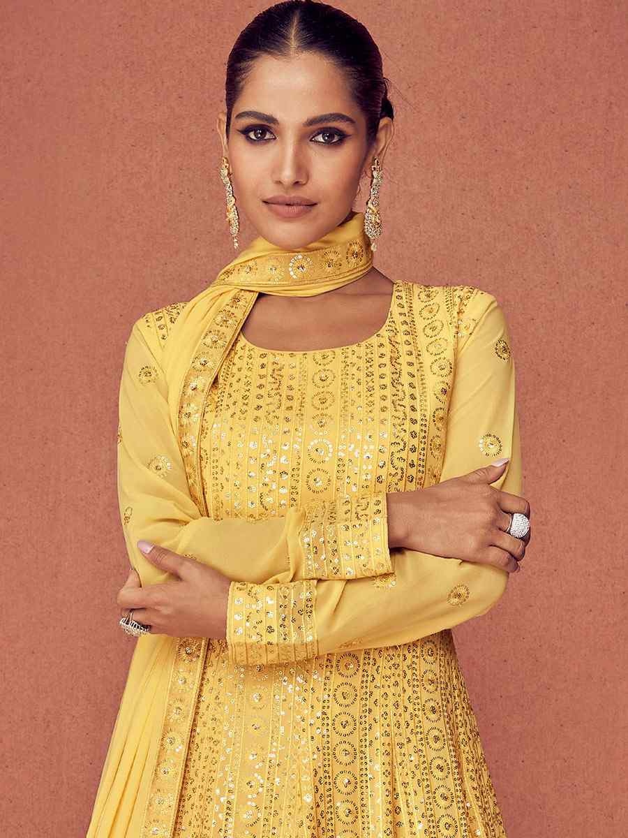 Yellow Georgette Satin Embroidered Party Anarkali Salwar Kameez