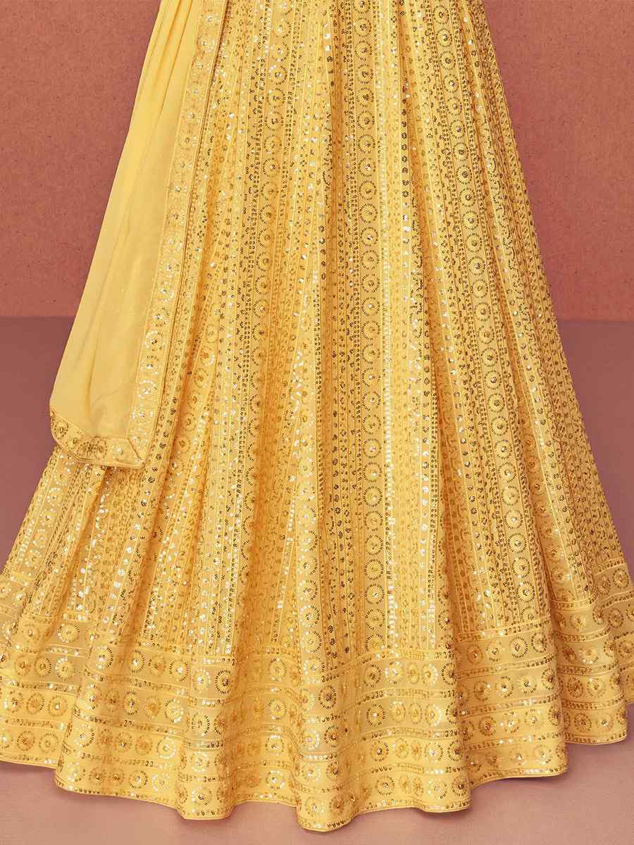 Yellow Georgette Satin Embroidered Party Anarkali Salwar Kameez
