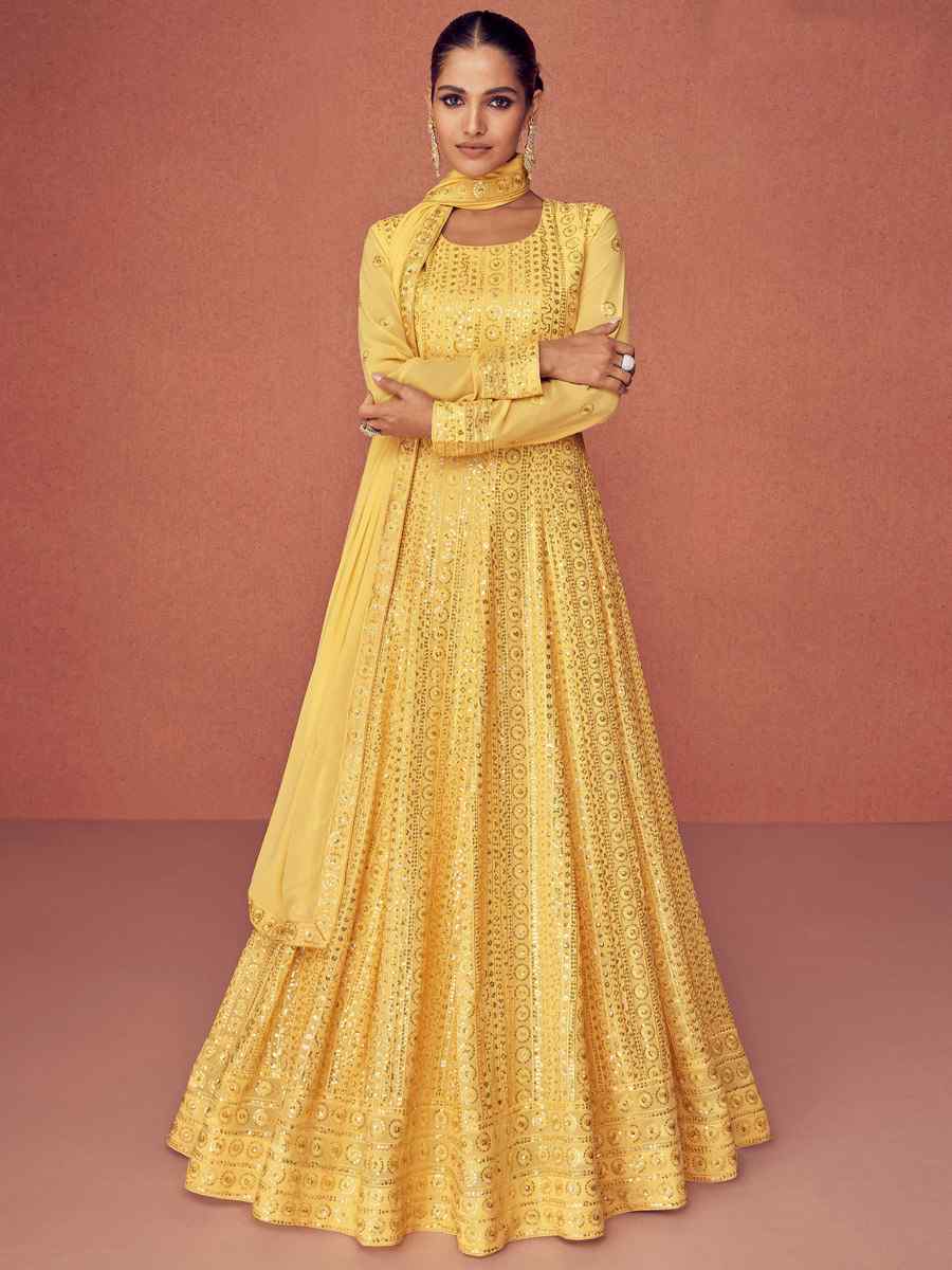 Yellow Georgette Satin Embroidered Party Anarkali Salwar Kameez