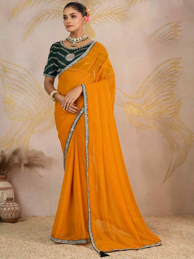 Image of Yellow Georgette Sequins Embroidery Party Reception Festival Wedding Fancy Classic Style Sarees