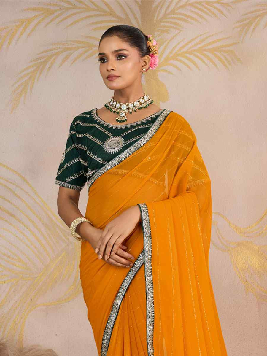 Yellow Georgette Sequins Embroidery Party Reception Festival Wedding Fancy Classic Style Sarees
