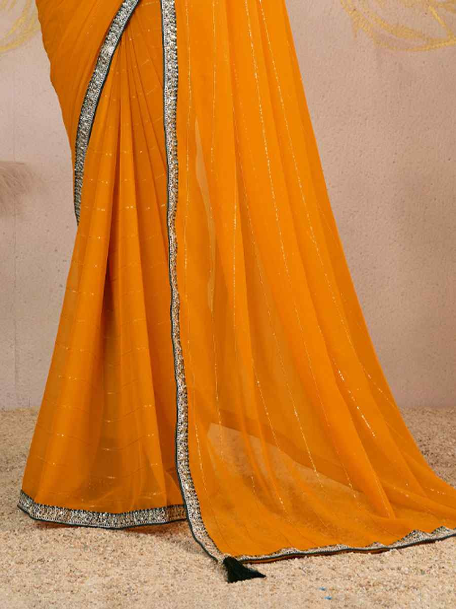 Yellow Georgette Sequins Embroidery Party Reception Festival Wedding Fancy Classic Style Sarees