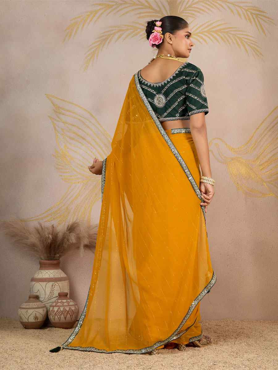 Yellow Georgette Sequins Embroidery Party Reception Festival Wedding Fancy Classic Style Sarees