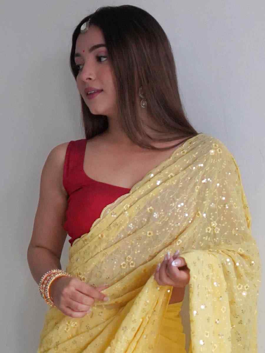 Yellow Georgette Sequins Festival Party Classic Style Saree