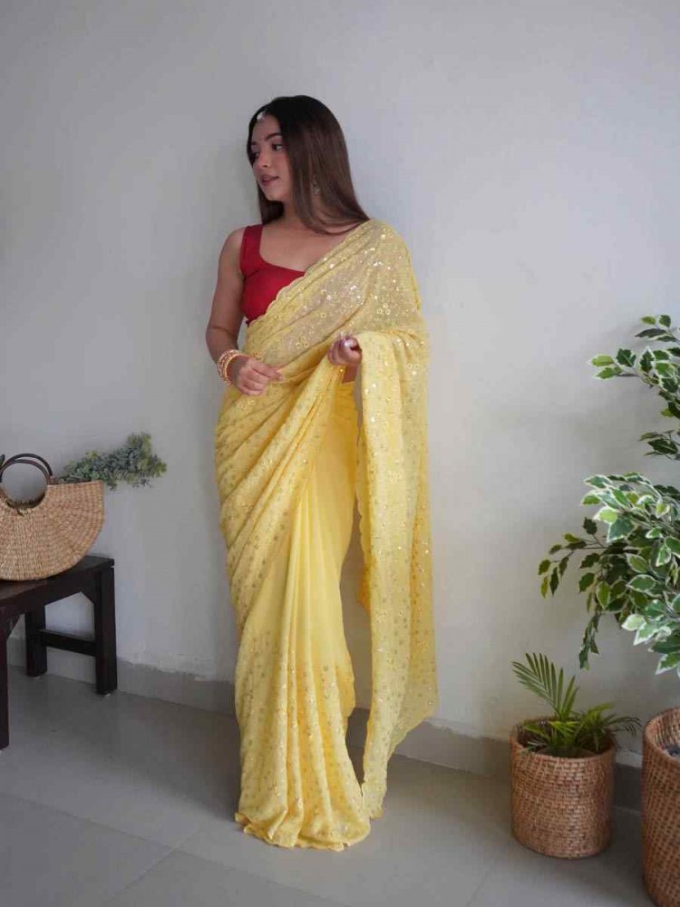 Yellow Georgette Sequins Festival Party Classic Style Saree
