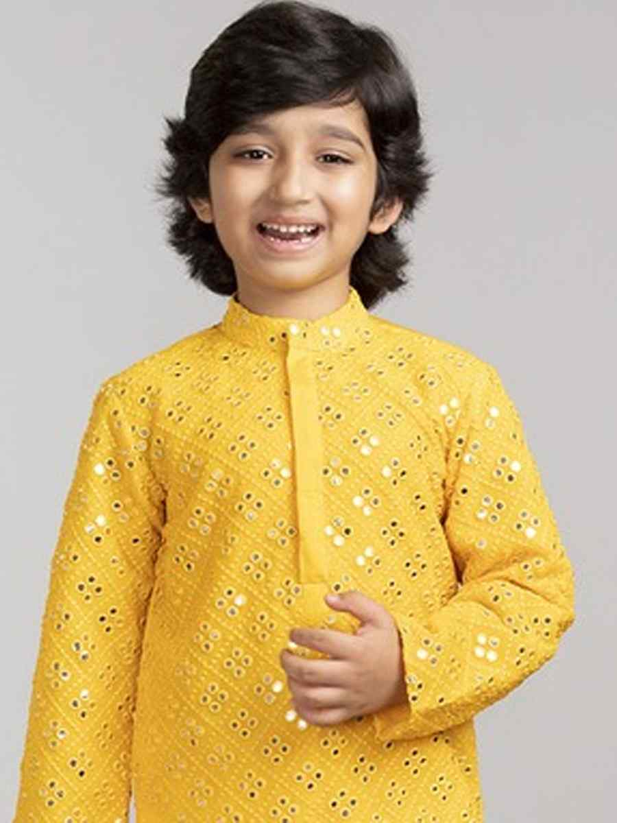 Yellow Georgette Sequins Festival Traditional Kurta Pyjama Boys Wear