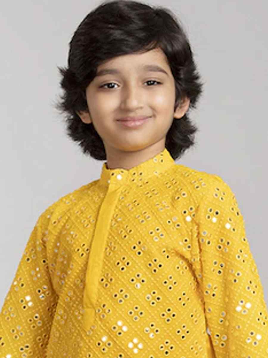 Yellow Georgette Sequins Festival Traditional Kurta Pyjama Boys Wear