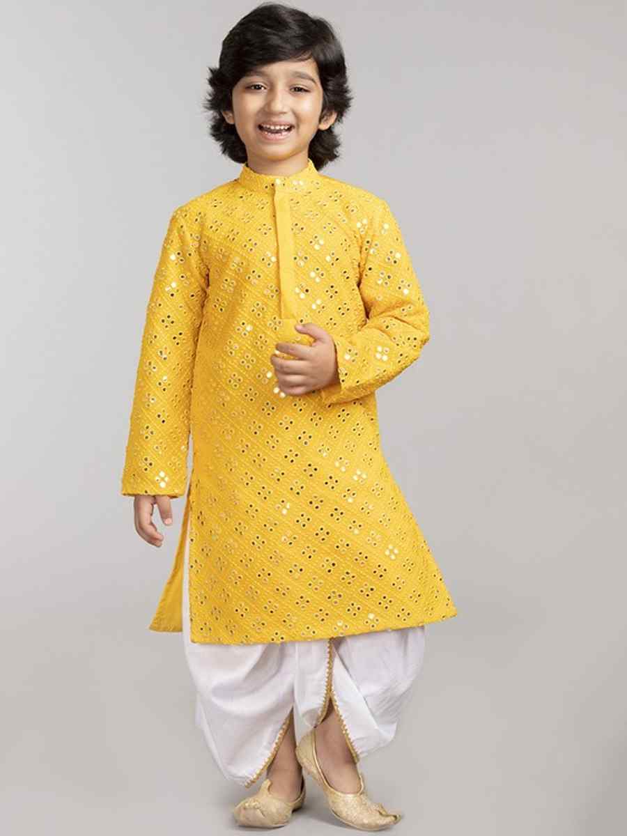 Yellow Georgette Sequins Festival Traditional Kurta Pyjama Boys Wear