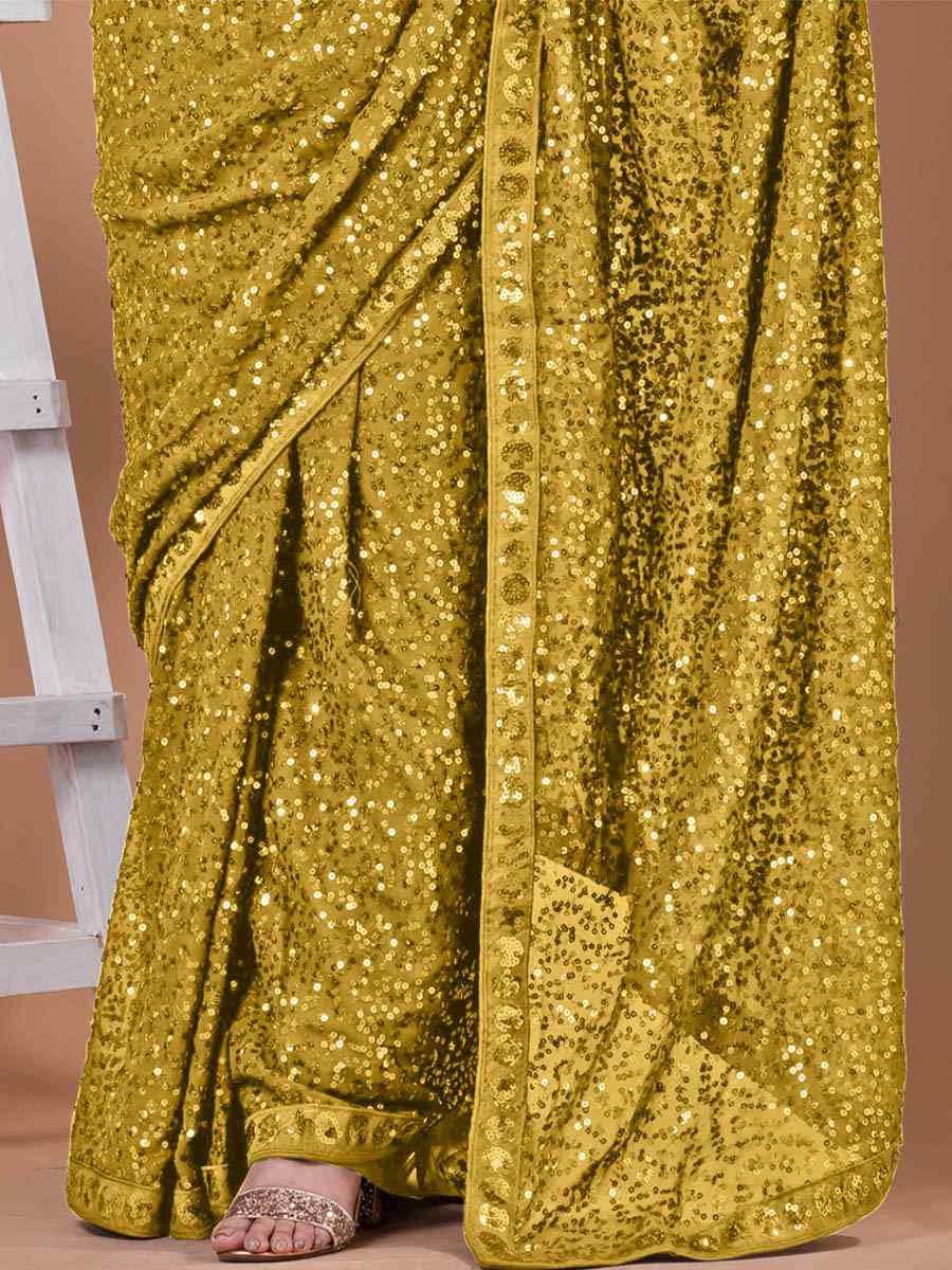 Yellow Georgette Sequins Party Festival Classic Style Saree