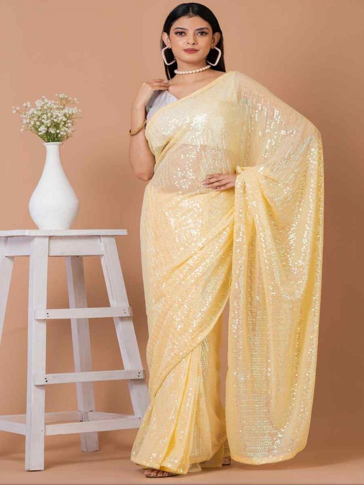 Yellow Georgette Sequins Party Festival Classic Style Saree