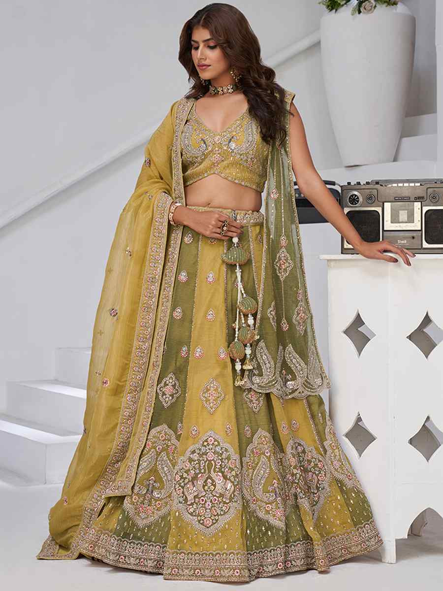 Yellow Georgette Tissue Embroidered Wedding Reception Festival Heavy Border Lehenga Choli
