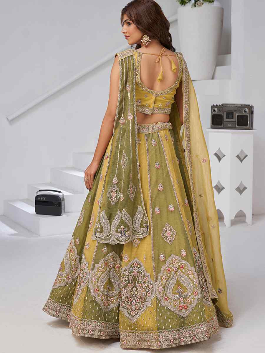 Yellow Georgette Tissue Embroidered Wedding Reception Festival Heavy Border Lehenga Choli