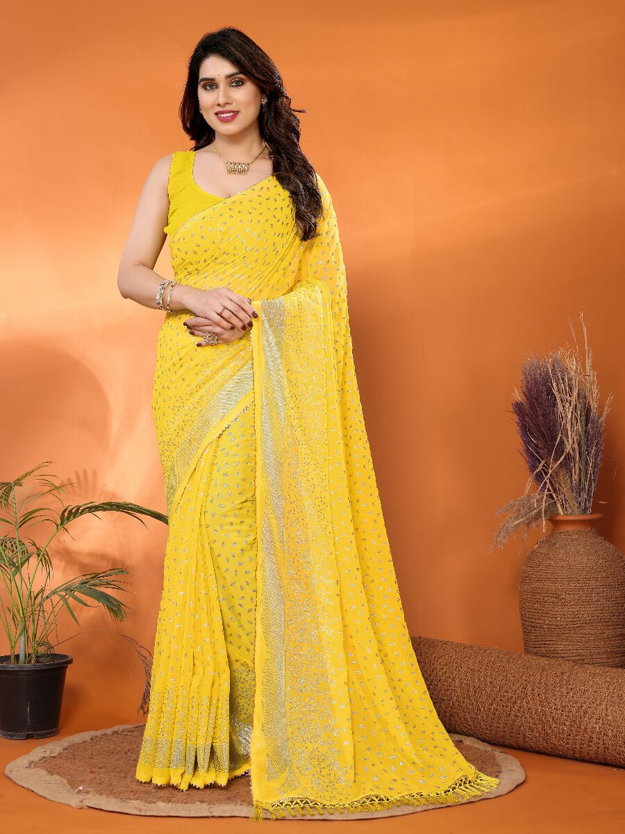 Yellow Georgette Traditional Foil Work Zalar Lace Wedding Reception Party Festival Heavy Border Sarees