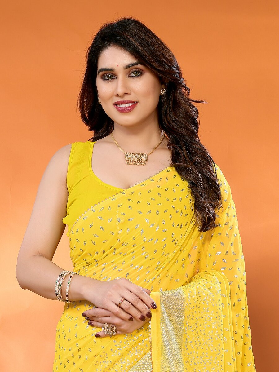 Yellow Georgette Traditional Foil Work Zalar Lace Wedding Reception Party Festival Heavy Border Sarees