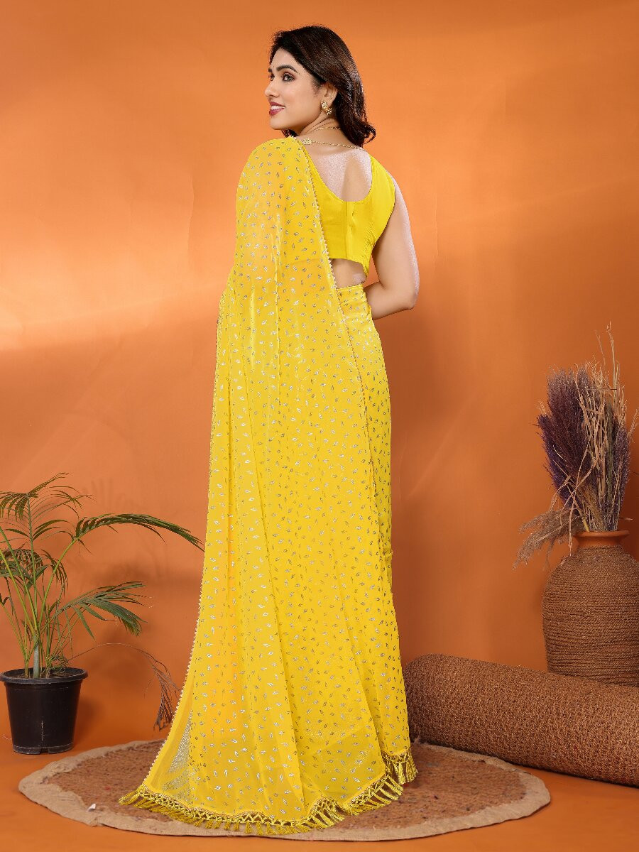 Yellow Georgette Traditional Foil Work Zalar Lace Wedding Reception Party Festival Heavy Border Sarees
