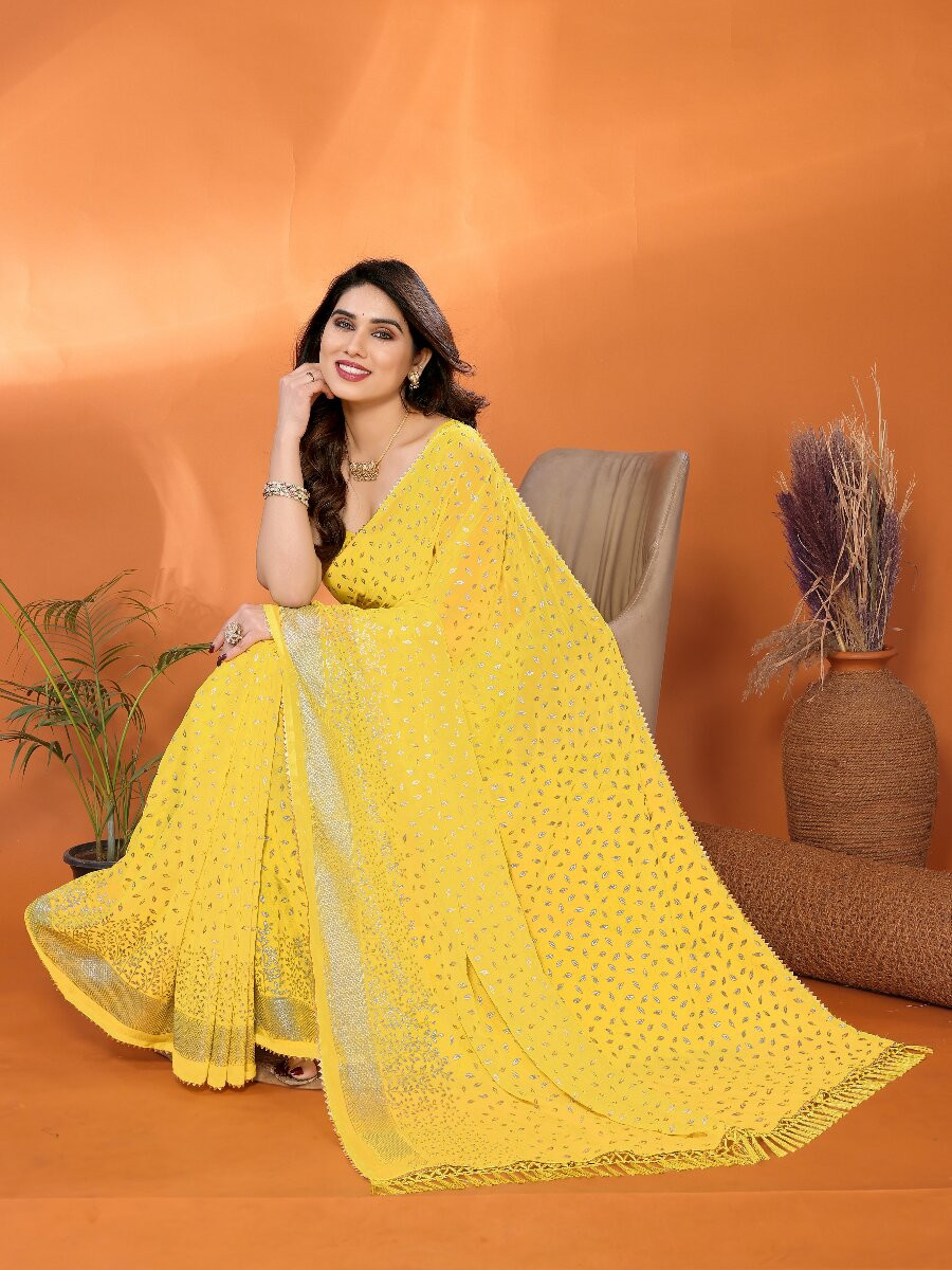 Yellow Georgette Traditional Foil Work Zalar Lace Wedding Reception Party Festival Heavy Border Sarees