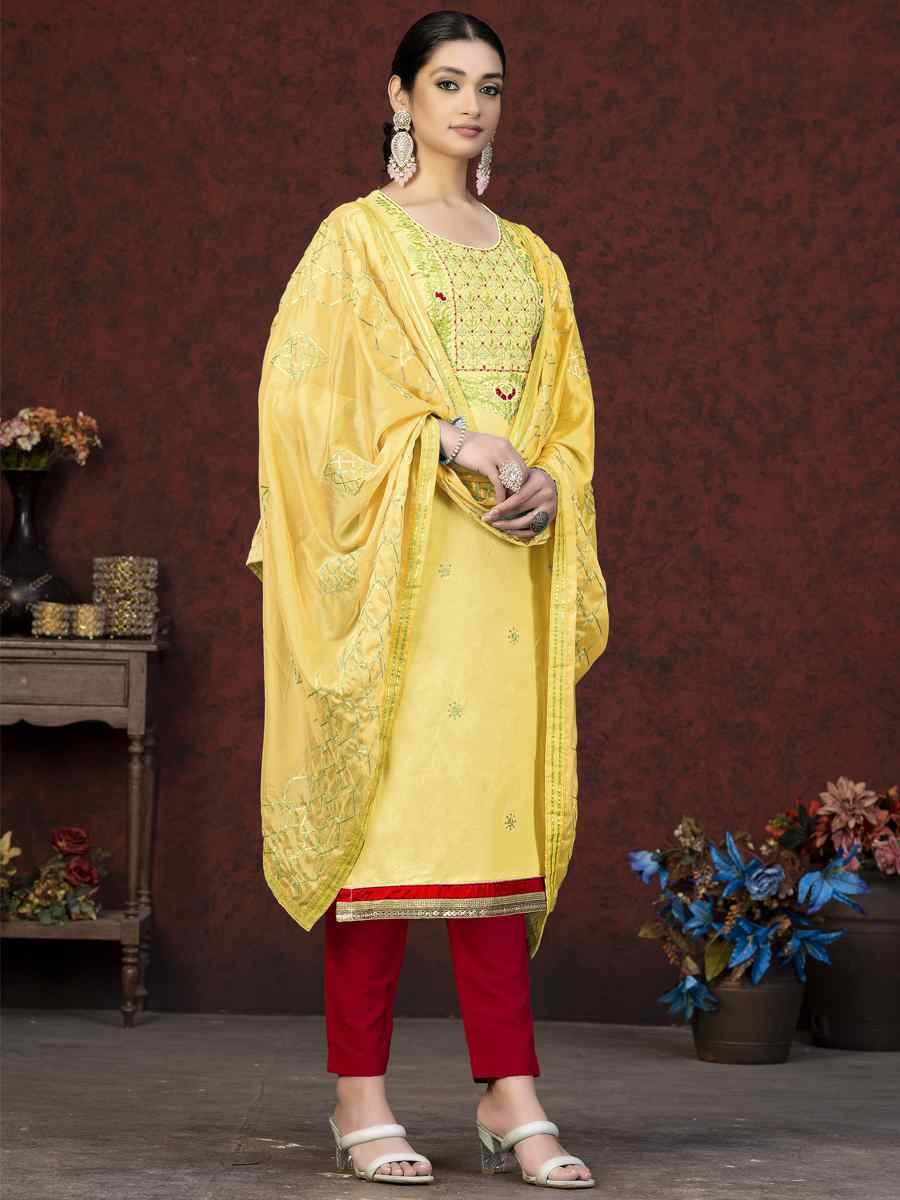 Yellow Glass Cotton Embroidered Casual Festival Pant Salwar Kameez