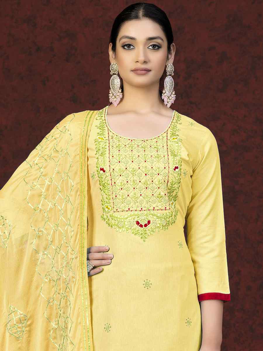 Yellow Glass Cotton Embroidered Casual Festival Pant Salwar Kameez