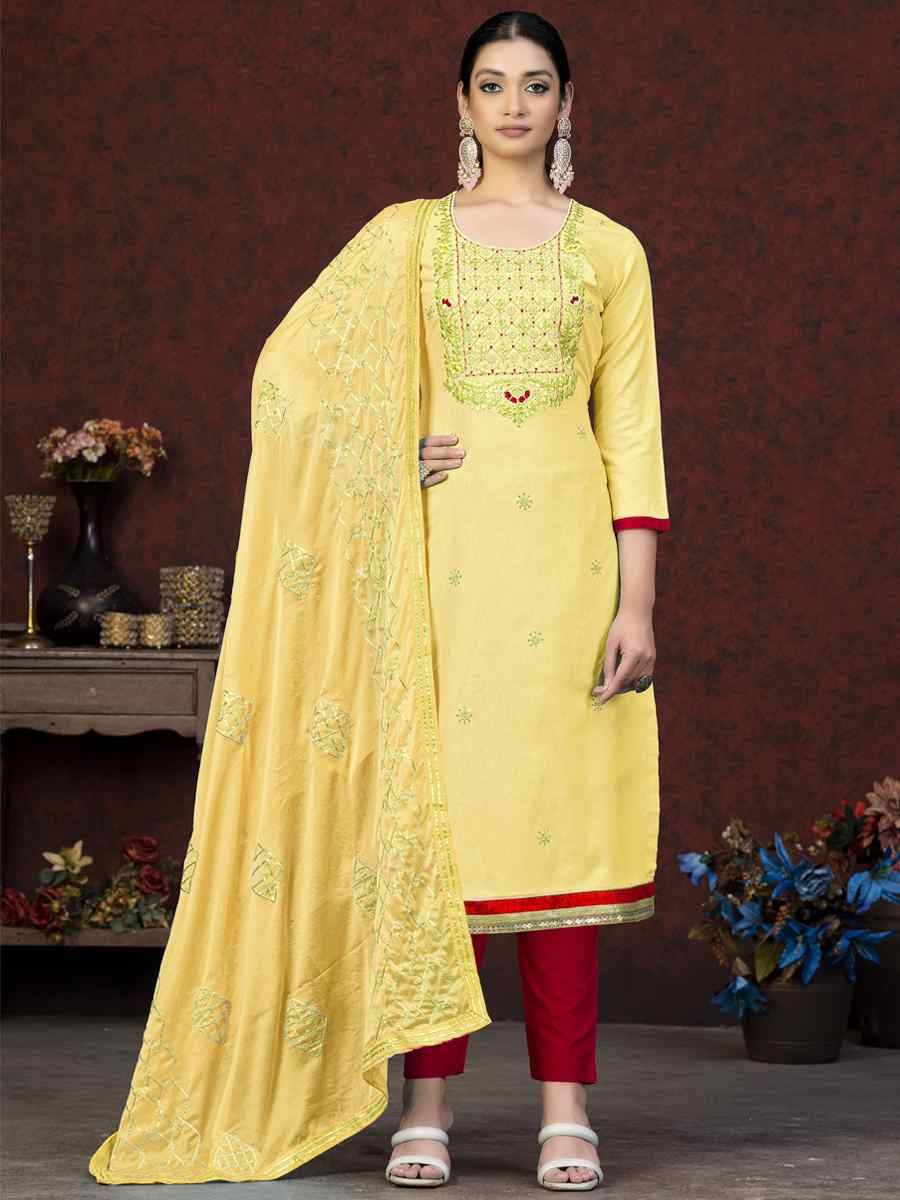 Yellow Glass Cotton Embroidered Casual Festival Pant Salwar Kameez