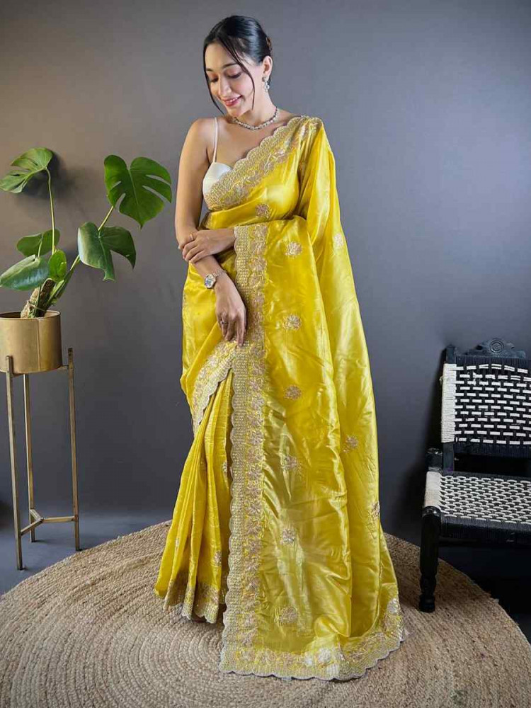 Yellow Gold Crunchy Embroidered Festival Wedding Fancy Heavy Border Saree