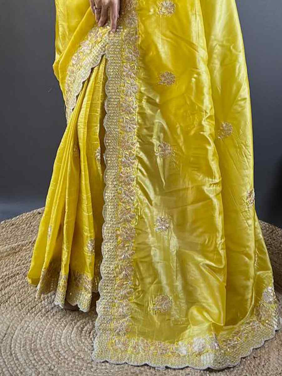 Yellow Gold Crunchy Embroidered Festival Wedding Fancy Heavy Border Saree